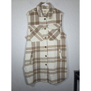 Wome's Ashley Outerwear Plaid Long Button Down Sleeveless Wool Jacket Size XL